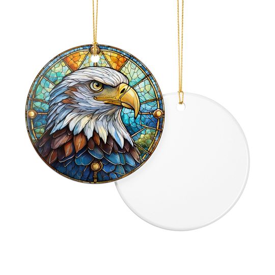 Faux Bald Eagle Stained Glass Ornament Ceramic Decoration, Round Hanging Keepsake