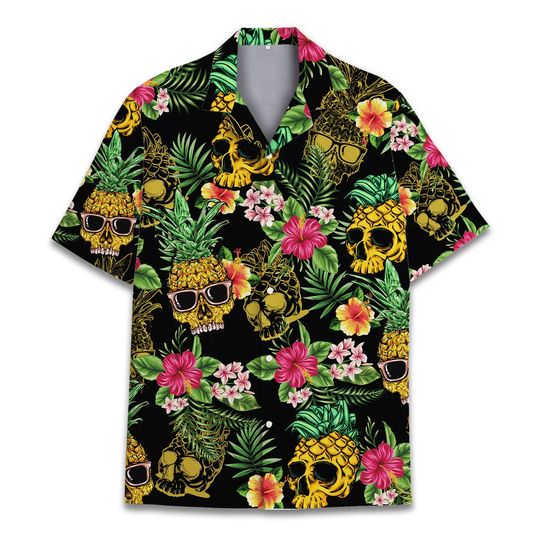 Pineapple Skull Hawaiian Shirts for Men, Funny Skull Halloween