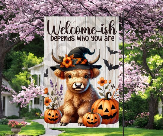 Funny Halloween Highland Cow Garden Flag Sublimation Design