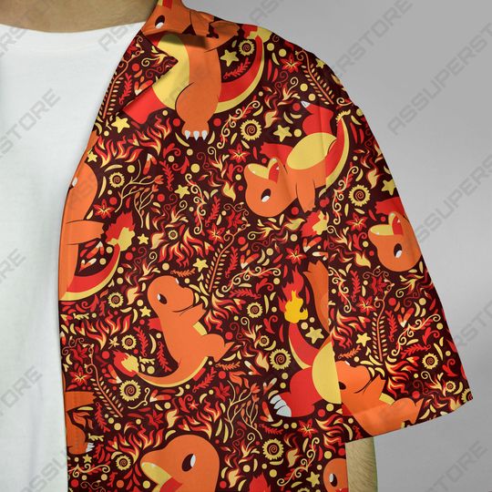 Charmander Hawaiian Japanese Anime Button-Up Shirt Summer Hawaiian Fire Charmander Shirt Gift