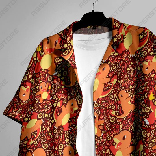 Charmander Hawaiian Japanese Anime Button-Up Shirt Summer Hawaiian Fire Charmander Shirt Gift