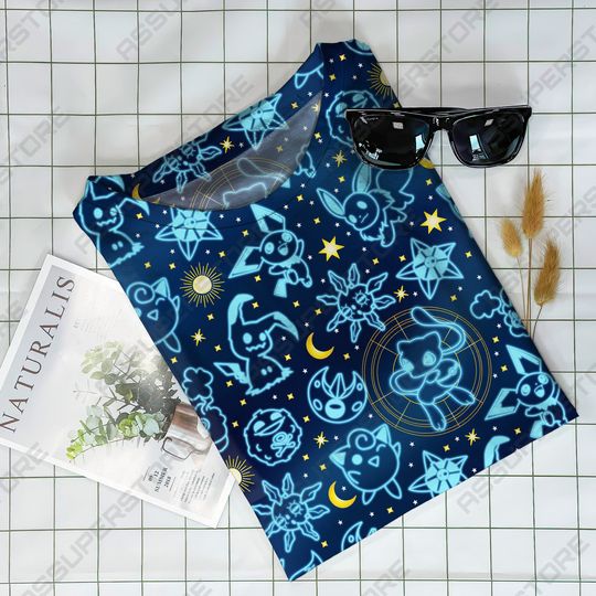 Pika Jigglypuff Neon Blue Funny Tshirt Mew Jigglypuff Design Tshirt