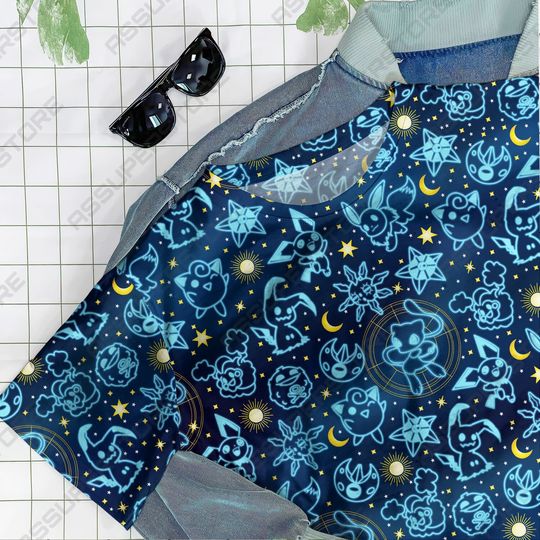 Pika Jigglypuff Neon Blue Funny Tshirt Mew Jigglypuff Design Tshirt