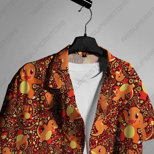 Charmander Hawaiian Japanese Anime Button-Up Shirt Summer Hawaiian Fire Charmander Shirt Gift