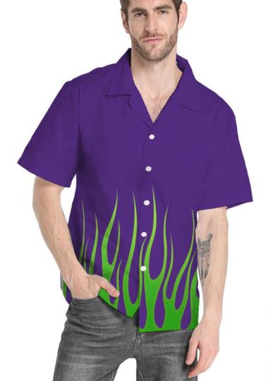 3D Purple Hot Rod Green Flame With Skull Custom Hawaiian Shirt