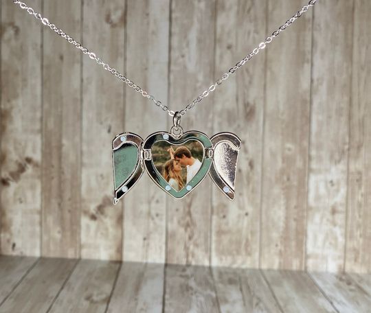 Personalized Photo Locket Necklace: Heart & Angel Wings - Valentine's Gift