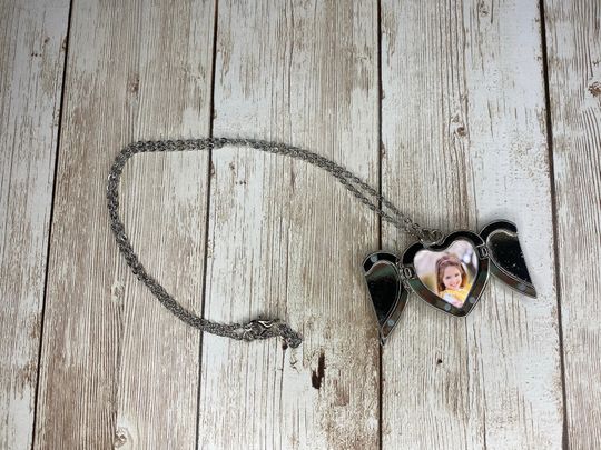 Personalized Photo Locket Necklace: Heart & Angel Wings - Valentine's Gift