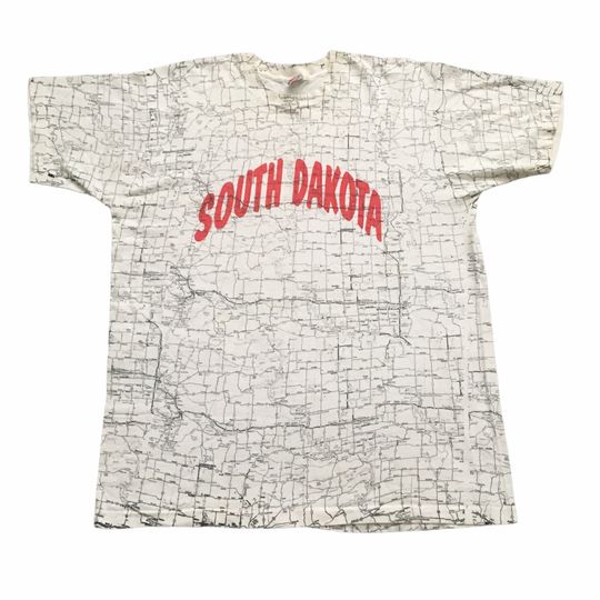 Vintage 90s South Dakota Road Map 3D T-Shirt Souvenir, Black Hills, Badlands National Park