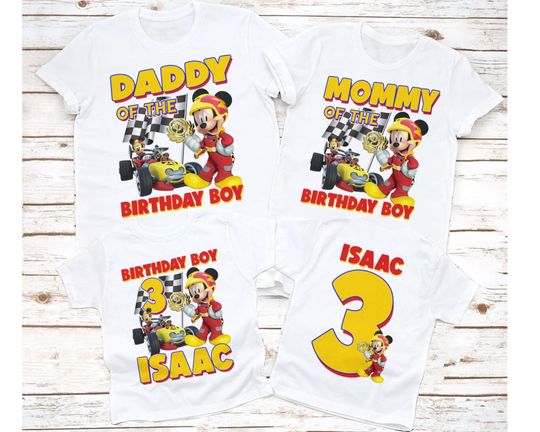 Mickey mouse roadster racers birthday shirt, personalized name and age Mickey racers, mickey white tee, Mickey mouse birthday shirt, Mickey