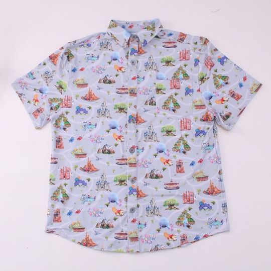 Disney park rides map collared button up shirt vacation theme print mens shirt