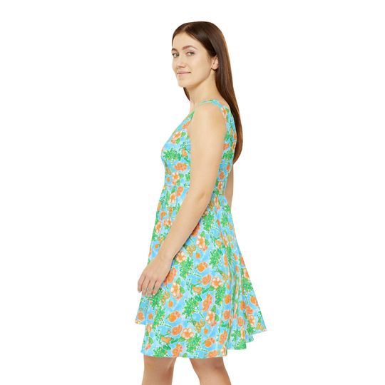 Floral Tangerine Goofy & Pluto Women's Skater Dress