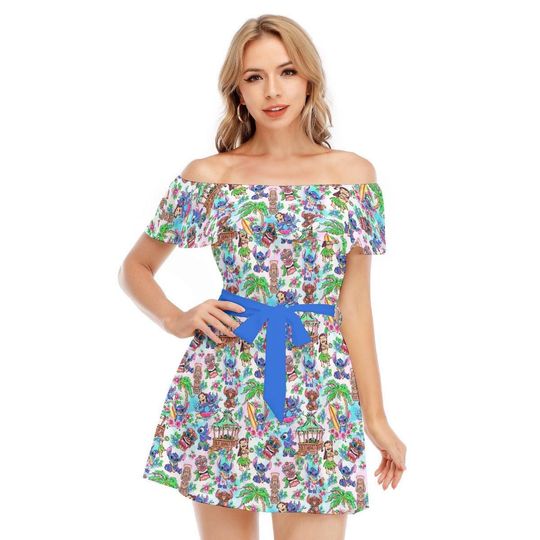 Bright Lilo and Stitch Hand Drawn - Disney Inspired Summer Off-shoulder Ruffle Dress, Mother's Day Gift