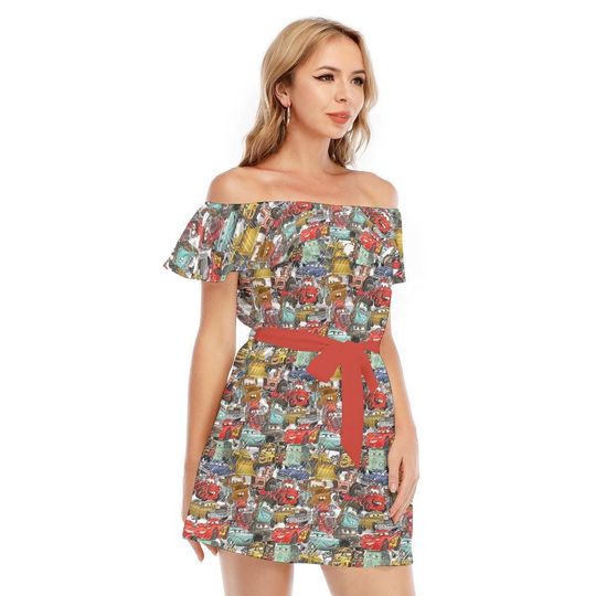 Pixar Cars Sketched - Disney Inspired Off-shoulder Ruffle Dress, Mother's Day Gift