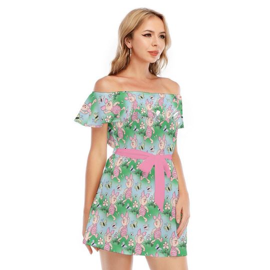 Sketched Piglet and Butterflies - Disney Inspired Summer Off-shoulder Ruffle Dress, Mother's Day Gift