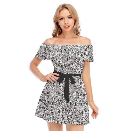 Sketched Dalmatians - Disney Inspired Summer Off-shoulder Ruffle Dress, Mother's Day Gift