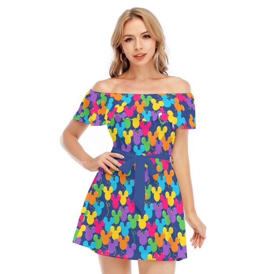 Mickey Ears Balloons Disney Inspired - Disney Inspired Summer Off-shoulder Ruffle Dress, Mother's Day Gift