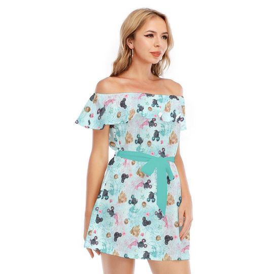 Watercolor Minnie Mermaids - Disney Inspired Summer Off-shoulder Ruffle Dress, Mother's Day Gift