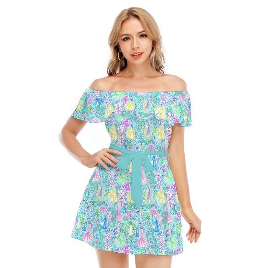 Bright Tropical Princess - Mashup - Disney Inspired Summer Off-shoulder Ruffle Dress, Mother's Day Gift