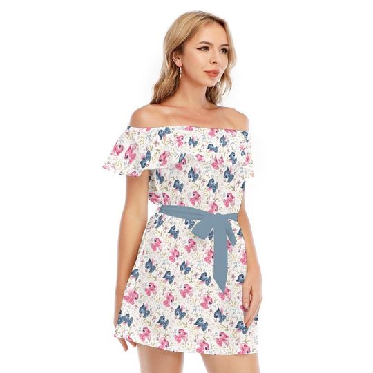 Stitch Loves Angel - Disney Inspired Summer Off-shoulder Ruffle Dress, Mother's Day Gift