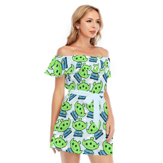 Little Green Aliens Toy Story Inspired - Disney Inspired Summer Off-shoulder Ruffle Dress, Mother's Day Gift