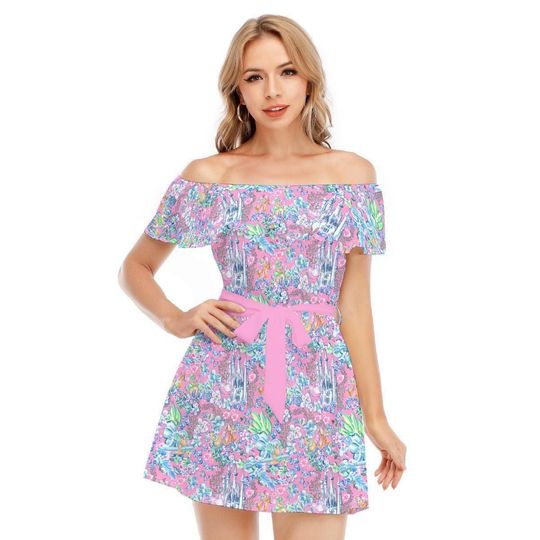 Bright Tropical Dreams - Cinde's Mice - Disney Inspired Summer Off-shoulder Ruffle Dress, Mother's Day Gift