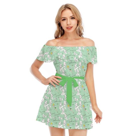 Drawing Tinkerbell - Disney Inspired Summer Off-shoulder Ruffle Dress, Mother's Day Gift