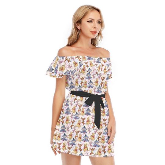 Winnie The Pooh Sketched Autographs - Disney Inspired Summer Off-shoulder Ruffle Dress, Mother's Day Gift