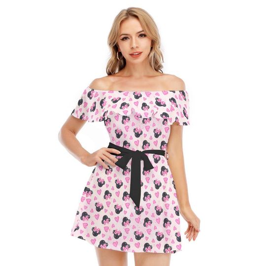 Watercolor Minnie Mouse In Pink - Disney Inspired Summer Off-shoulder Ruffle Dress, Mother's Day Gift