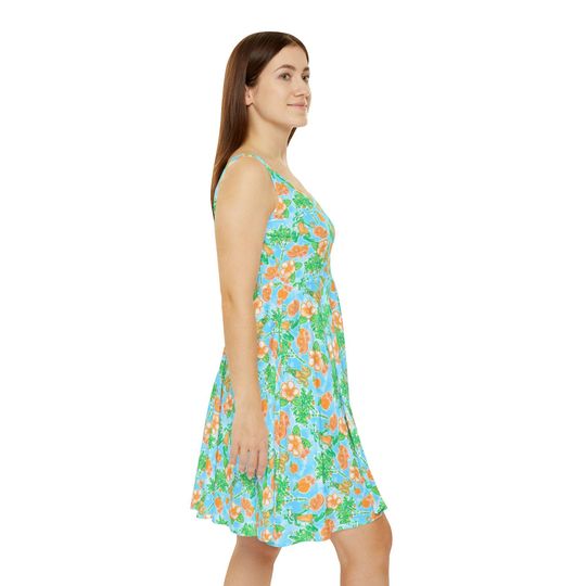 Floral Tangerine Goofy & Pluto Women's Skater Dress
