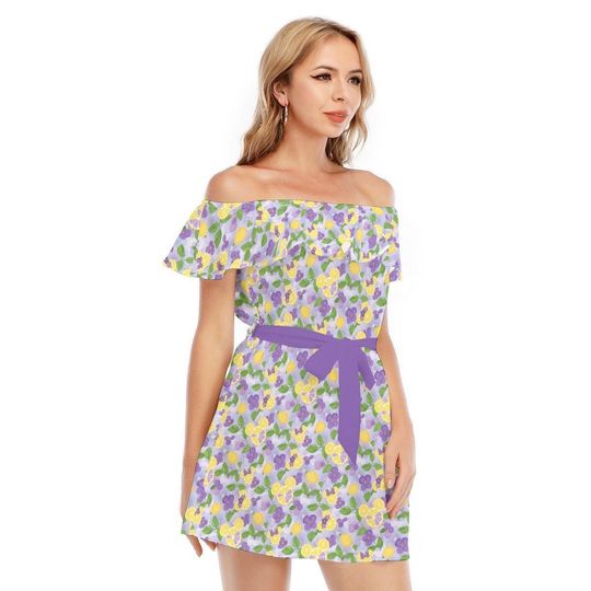 Vivacious Violet Lemonade - Disney Inspired Summer Off-shoulder Ruffle Dress, Mother's Day Gift