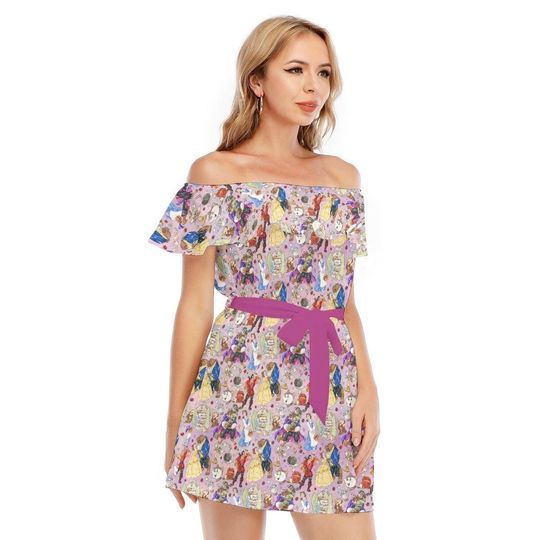 Beauty And The Beast Sketched - Disney Inspired Summer Off-shoulder Ruffle Dress, Mother's Day Gift
