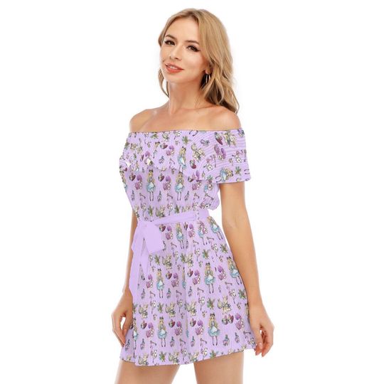 Whimsical Alice And The White Rabbit - Disney Inspired Summer Off-shoulder Ruffle Dress, Mother's Day Gift