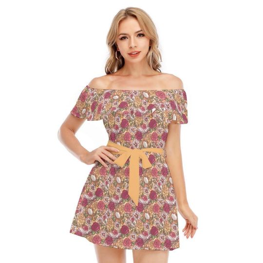 Fairytale Florals - Belle Inspired - Disney Inspired Summer Off-shoulder Ruffle Dress, Mother's Day Gift