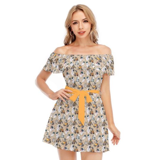 Wall-E & Eve Sketched - Disney Inspired Summer Off-shoulder Ruffle Dress, Mother's Day Gift