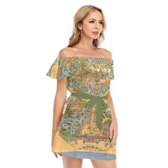 Disneyland Vintage Map - Disney Inspired Summer Off-shoulder Ruffle Dress, Mother's Day Gift
