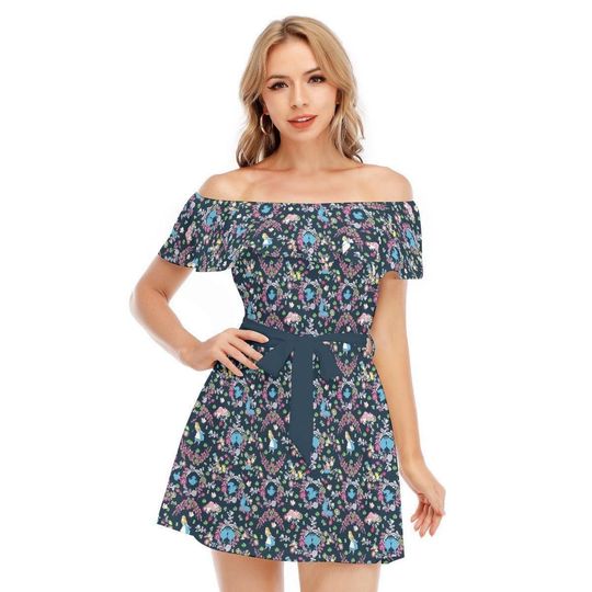 Garden Whimsy - Alice in Wonderland - Disney Inspired Summer Off-shoulder Ruffle Dress, Mother's Day Gift