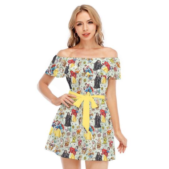 Snow White And The Seven Dwarfs Sketched - Disney Inspired Summer Off-shoulder Ruffle Dress, Mother's Day Gift