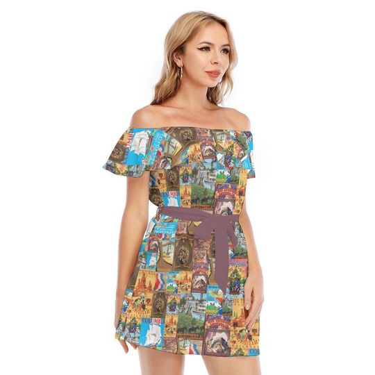 Frontierland Vintage Attraction Posters - Disney Inspired Summer Off-shoulder Ruffle Dress, Mother's Day Gift