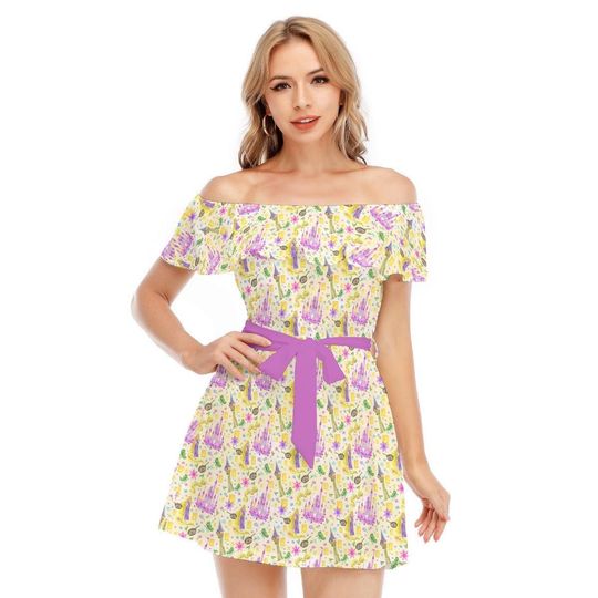 Watercolor Tangled - Disney Inspired Summer Off-shoulder Ruffle Dress, Mother's Day Gift