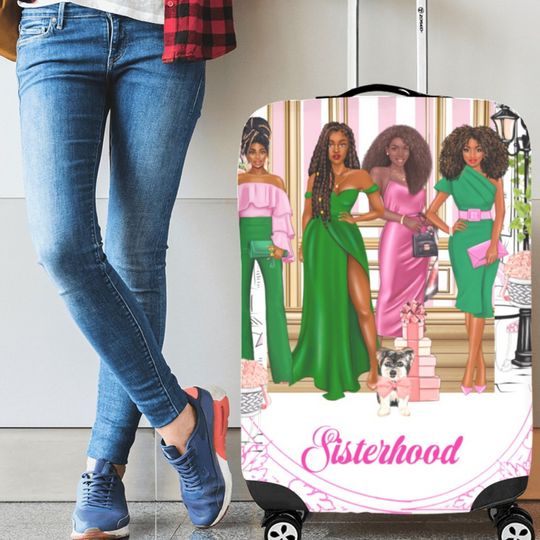 Sisterhood Personalized Luggage Cover Pink Green Suitcase Protector black girl Travel bag luggage cover  Custom Suitcase Cover Sorority Gift