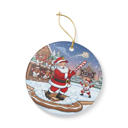 Santa Playing Baseball Ceramic Ornament | Christmas Tree Decoration