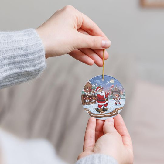 Santa Playing Baseball Ceramic Ornament | Christmas Tree Decoration