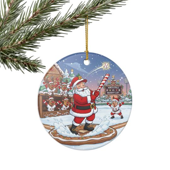Santa Playing Baseball Ceramic Ornament | Christmas Tree Decoration