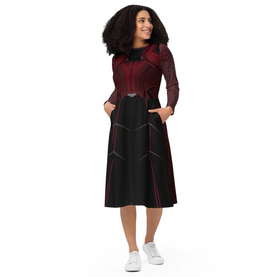 Scarlet Witch Inspired All-over print long sleeve midi dress | Halloween | Cosplay | Women's Clothing