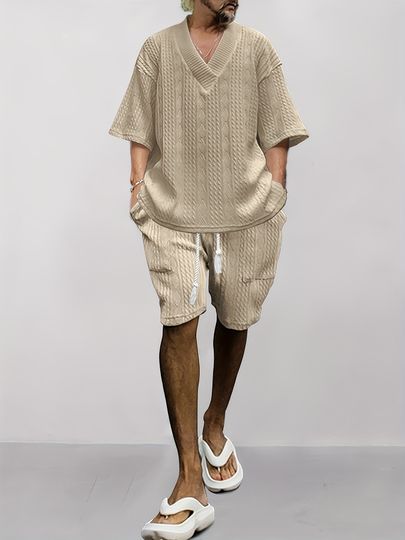 Men’s V-Neck Summer Sport Jacquard Outfit Set for Casual, Outdoor, and Party