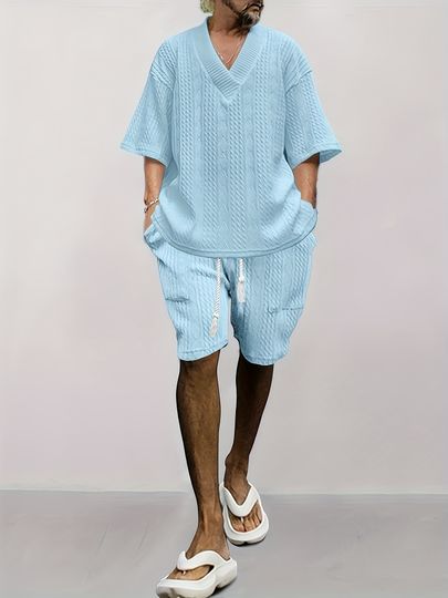 Men's V-neck Casual Summer Set with Shirt and Shorts, Spring/Summer, Loose Fit, Short Sleeve, Versatile, Trendy