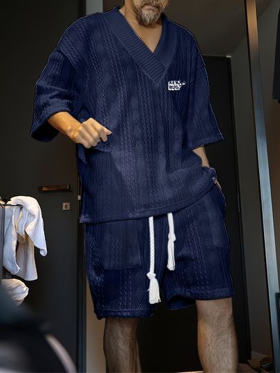 Jacquard V-Neck Shorts Set for Men, Breathable Summer Casual Outfit for Teenagers