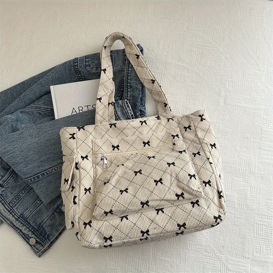 Corduroy Tote Bag with Black Bow Details, Grey/Pink, Spacious, Fixed Strap, for Shopping, Work, School