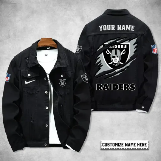 Las Vegas Raiders Personalized Distressed Denim Jacket