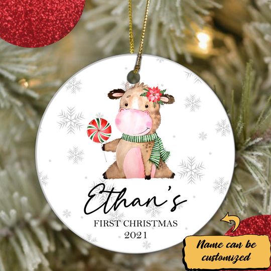 Baby First Christmas Lovely Cow Ceramic Circle Custom Ornament
